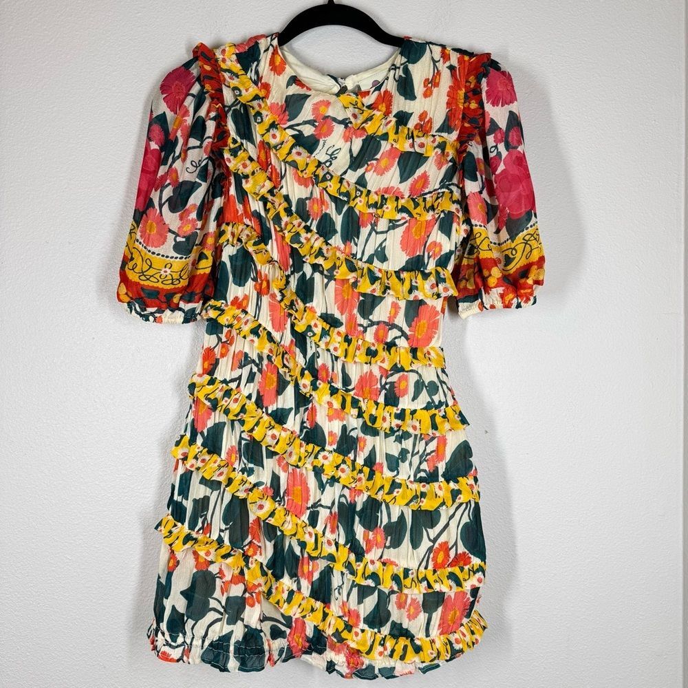 NWT Farm Rio x Anthropologie Floral Puff Sleeve Fitted Mini Dress Ruffle XS